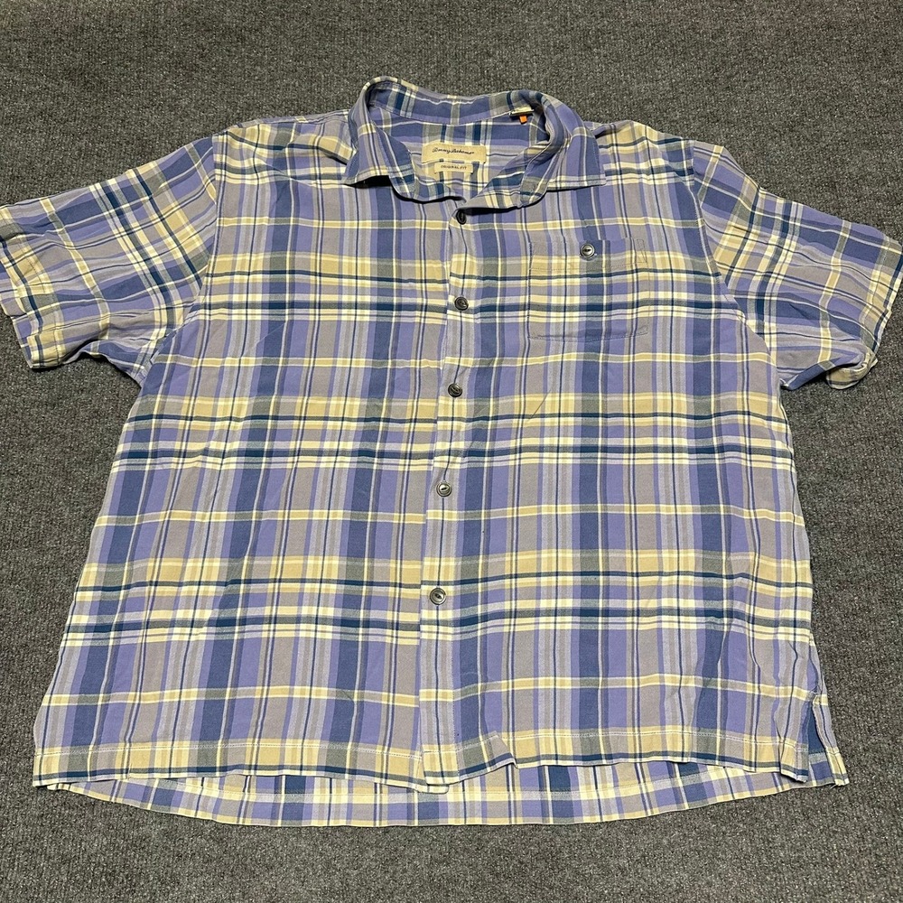 Tommy Bahama Mens XL Silk Plaid Short Sleeve Button Up Shirt Blue Tan